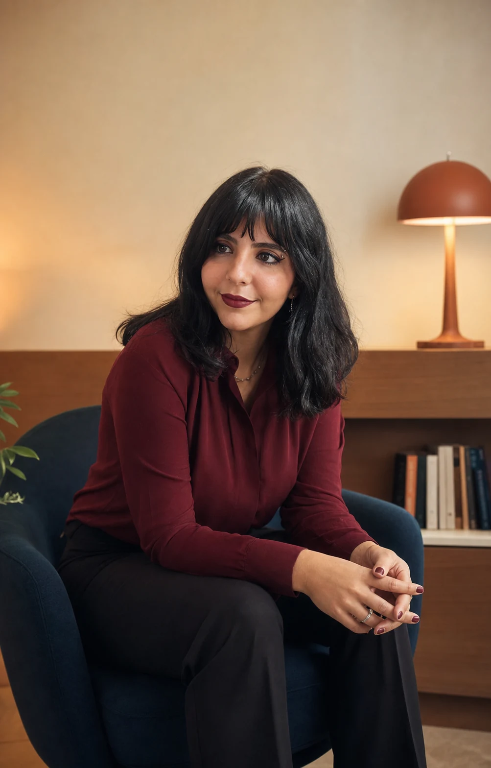 Daniela sentada em uma poltrona azul no consultório
